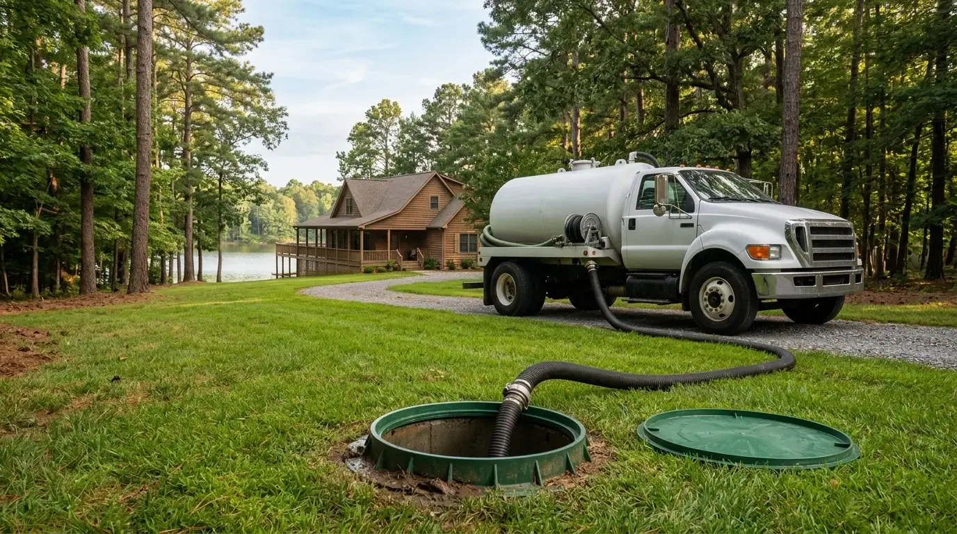 Septic vacuum tanker parked on a residential Virginia driveway with a suction hose extending into an open septic tank access riser and its removed lid placed safely nearby