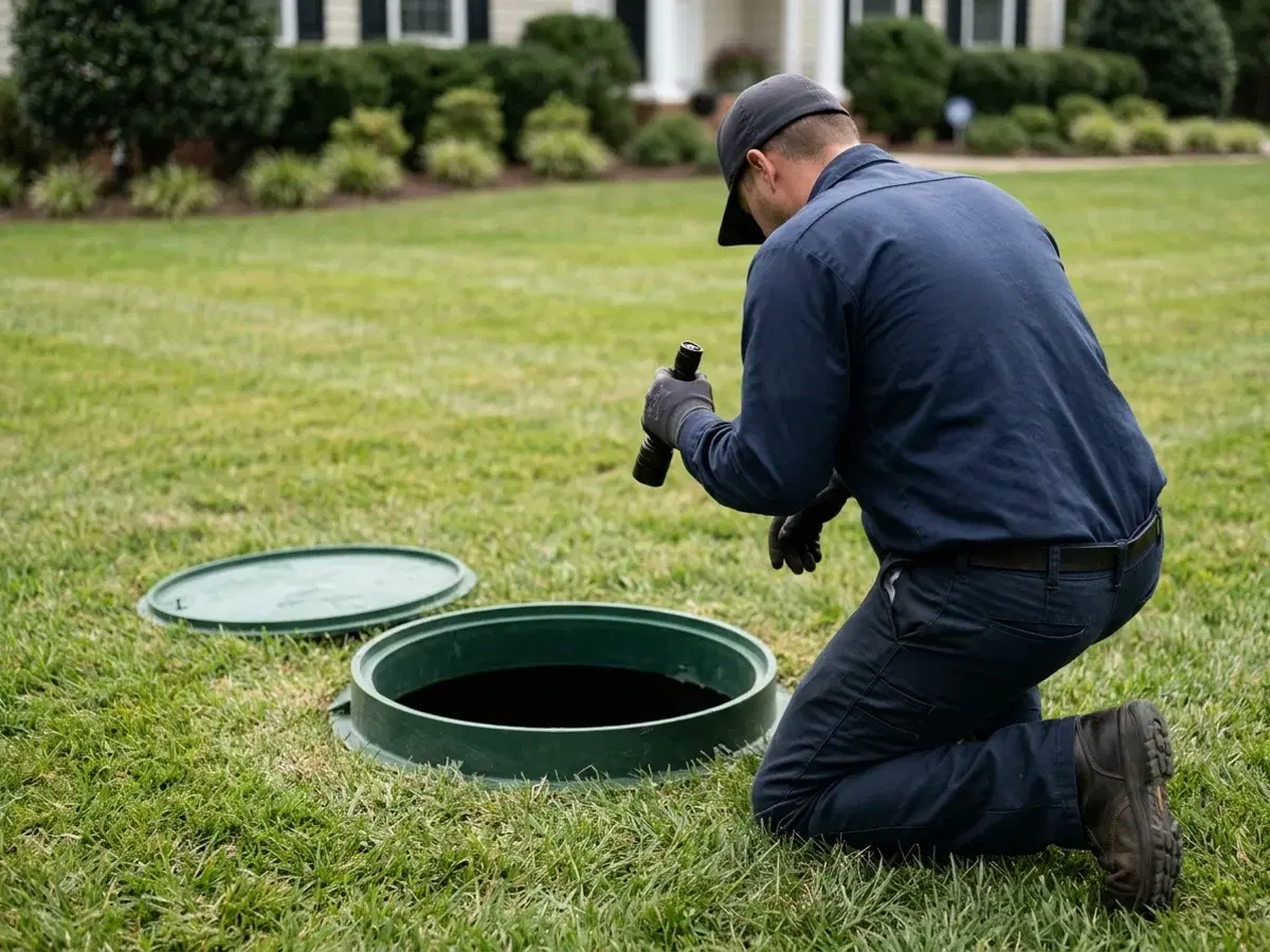 Septic technician kneeling beside an open green septic tank access riser with its removed lid on the grass, inspecting the opening with a flashlight